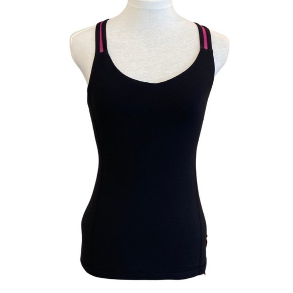 Lululemon black tank top with hot pink mesh cross cross straps. Women’s size 4-6